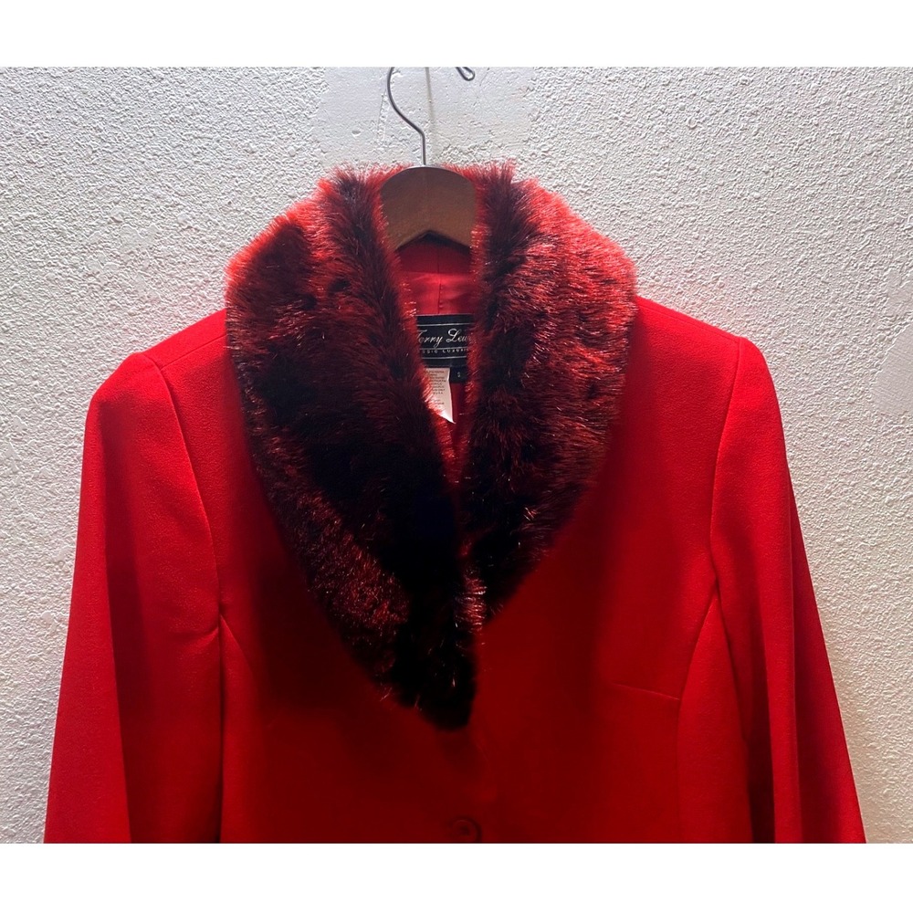Terry Lewis Classic Luxuries Women Small Red Faux Fur Collar Cuff Blazer Jacket - Picture 3 of 10